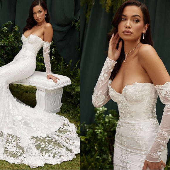 HOUSE OF CB 'Isabelle' White Lace Long Sleeve Bridal Gown NWOT - Picture 4 of 16